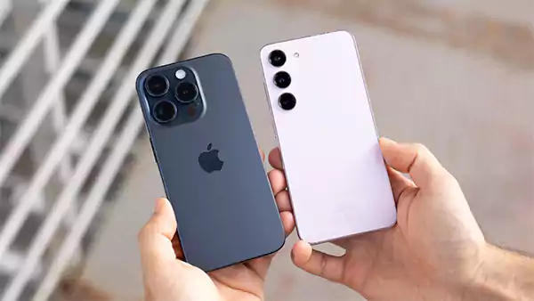 Comparison of iOS and Android user interfaces on two different smartphones.