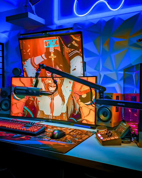 A gamer at a desk using a professional microphone attached to an adjustable boom arm.