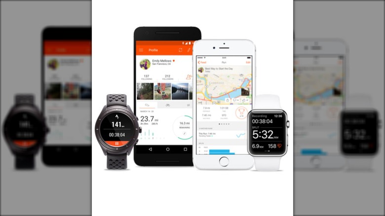 The Strava application interface shown on both a smartphone and a Wear OS smartwatch.