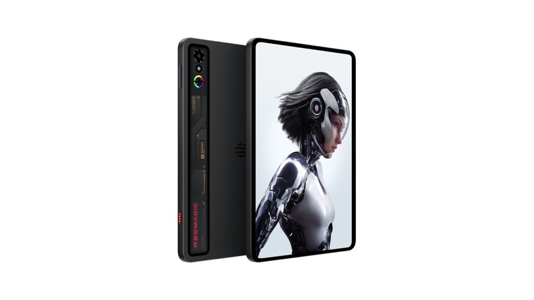The Redmagic Astra tablet displaying high-resolution gaming graphics with a robot character.