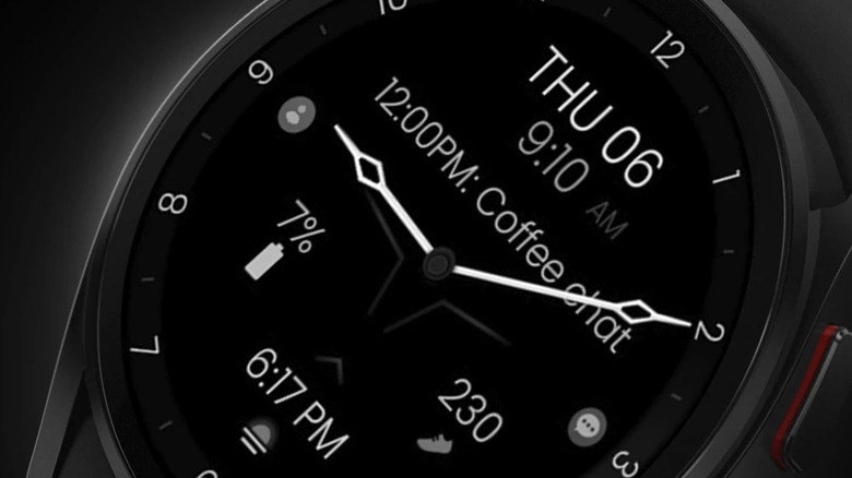 Close-up of the Minimal Black v30 watch face showing high-contrast white text on a deep black background.