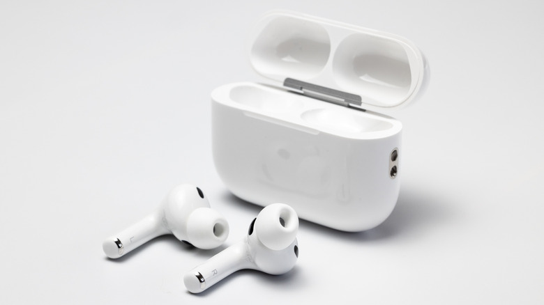 Front view of an AirPods Pro 3 case, showing the clean design where the status light is located.
