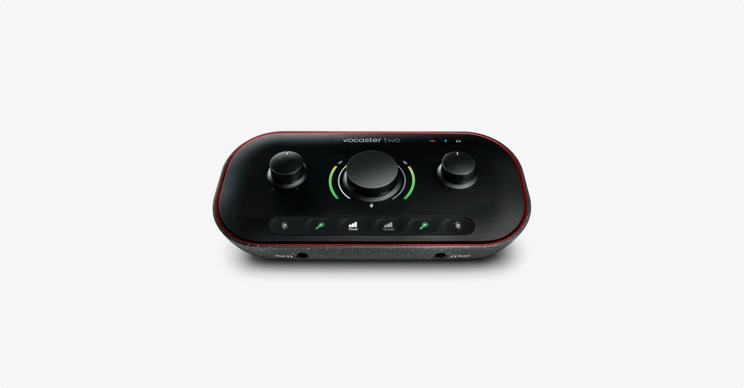 Focusrite Vocaster Two audio interface with gain knobs and level meters.