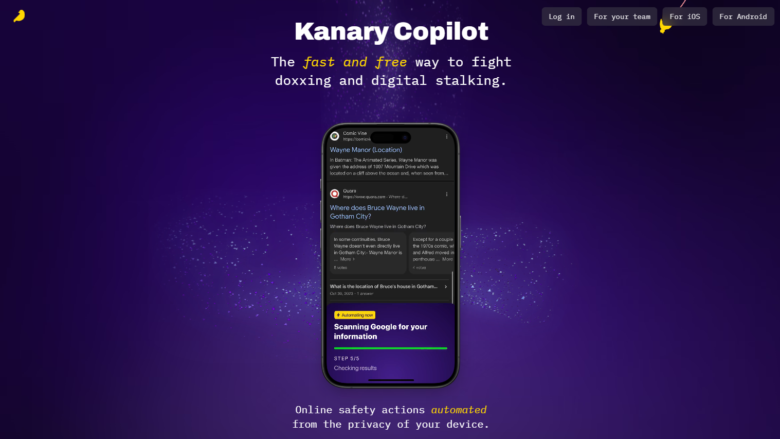 Kanary mobile app interface showing doxxing protection and data tracking features.