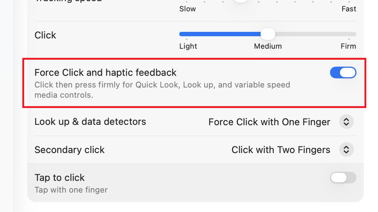 MacOS System Settings window showing the Force Click and haptic feedback toggle highlighted.
