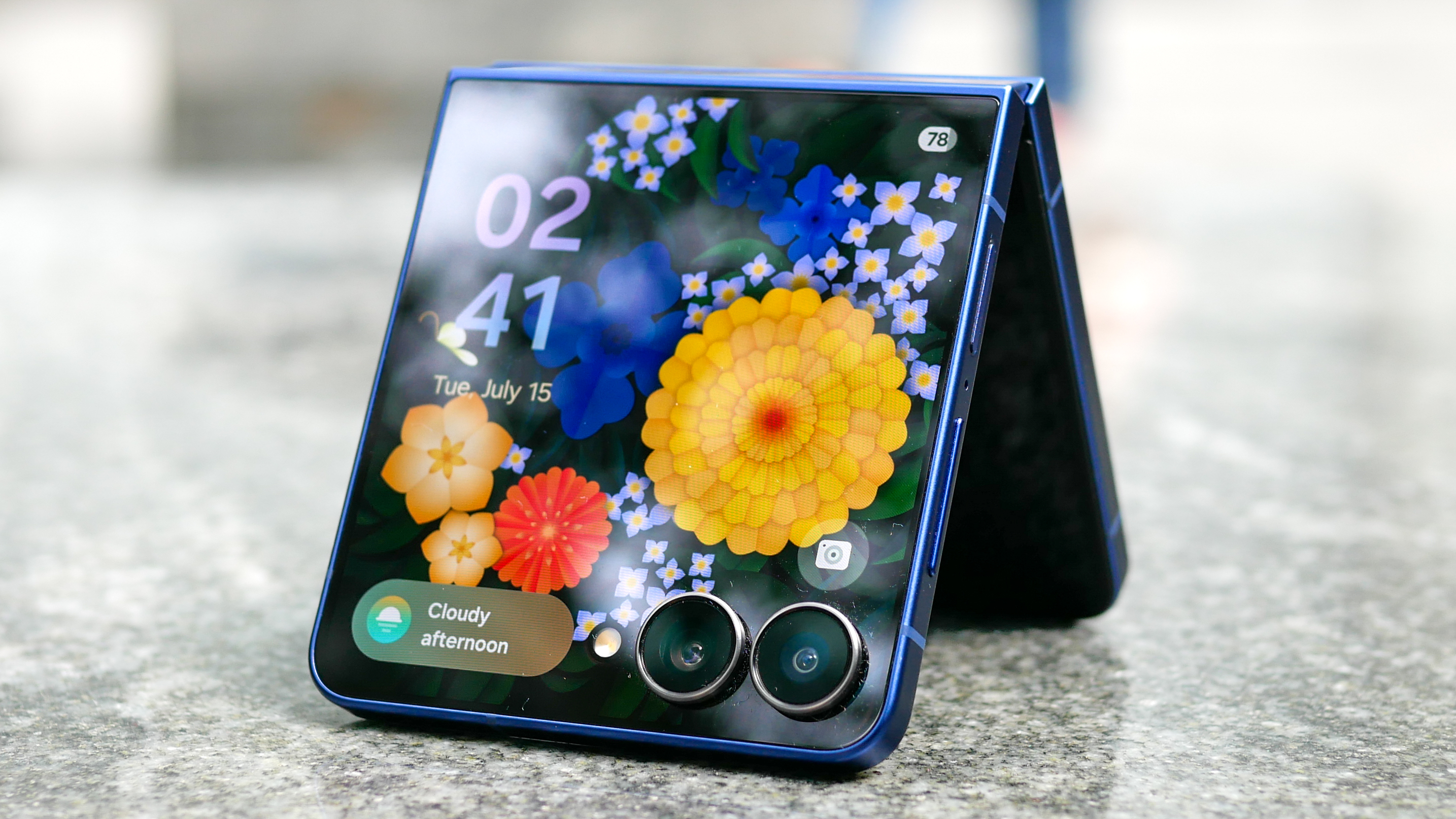 Samsung Galaxy Z Flip 7 in tent mode showing its large cover screen.