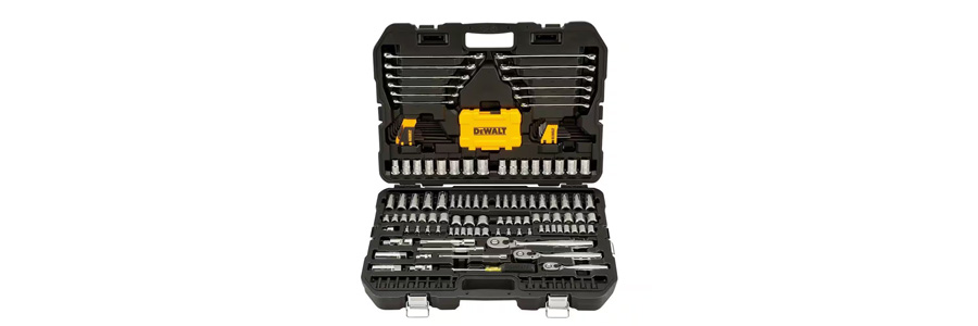 A DEWALT 168-piece mechanics tool set with chrome vanadium steel tools.