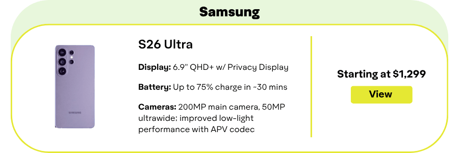 A clean product shot of the Samsung Galaxy S26 Ultra smartphone.