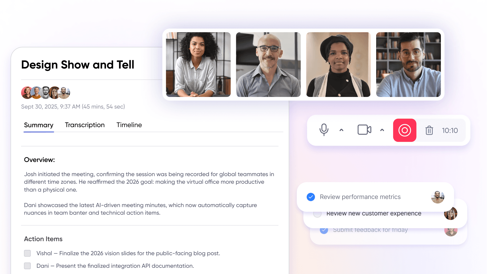 Digital interface displaying AI-generated meeting summaries and workflow coordination tasks.