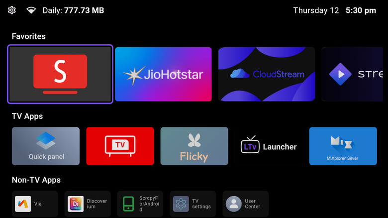 LTvLauncher home screen featuring a simple, fast-loading list of installed applications.