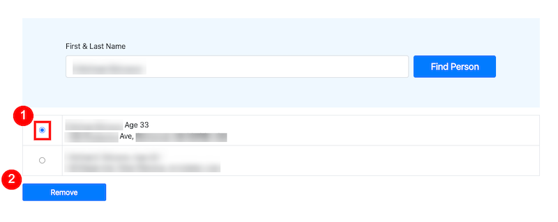 OfficialUSA interface showing a specific record being selected for a removal request.
