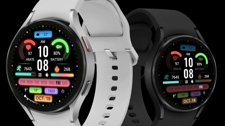 A sequence of colorful and shiny watch face designs from the ZKin app gallery.