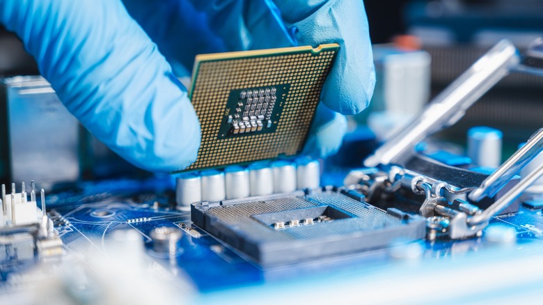 A technician's gloved hands holding a completed semiconductor chip ready for integration.