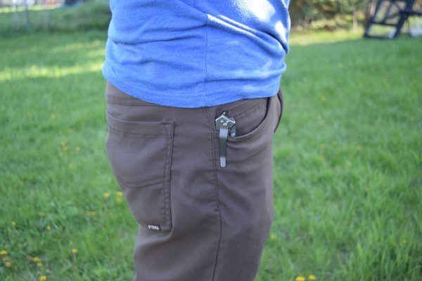 Close-up of the stainless steel pocket clip on the Gerber Paraframe skeletonized handle.