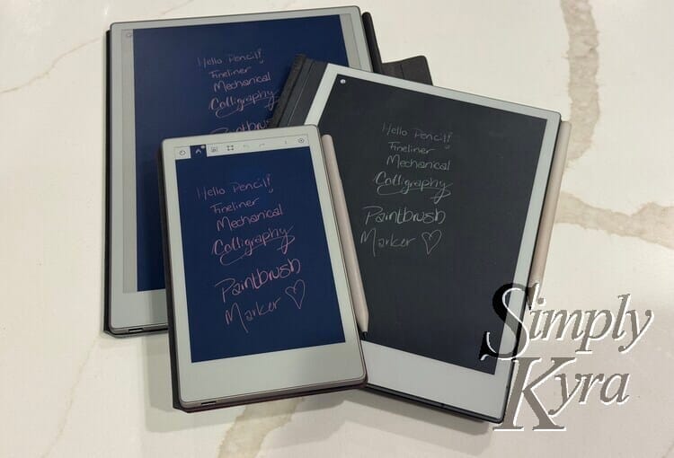 Three generations of reMarkable devices side-by-side displaying the same handwritten page.