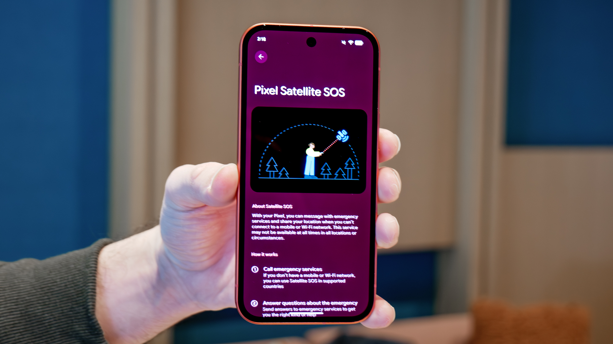 The interface of the Satellite SOS feature on the Pixel 10a screen.