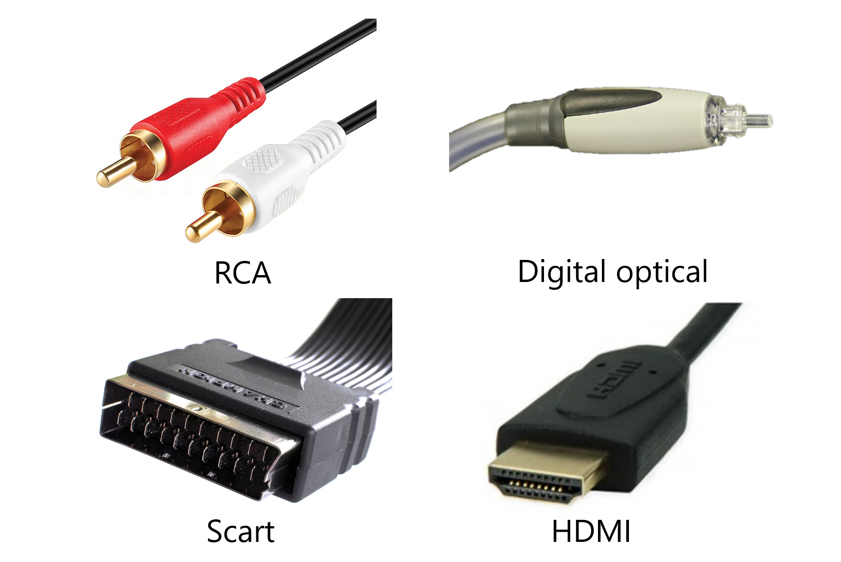 A variety of soundbar cables and connectors including HDMI and optical plugs.