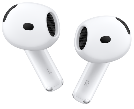 Close-up profile of the AirPods 4 earbuds and their charging case on a white background.