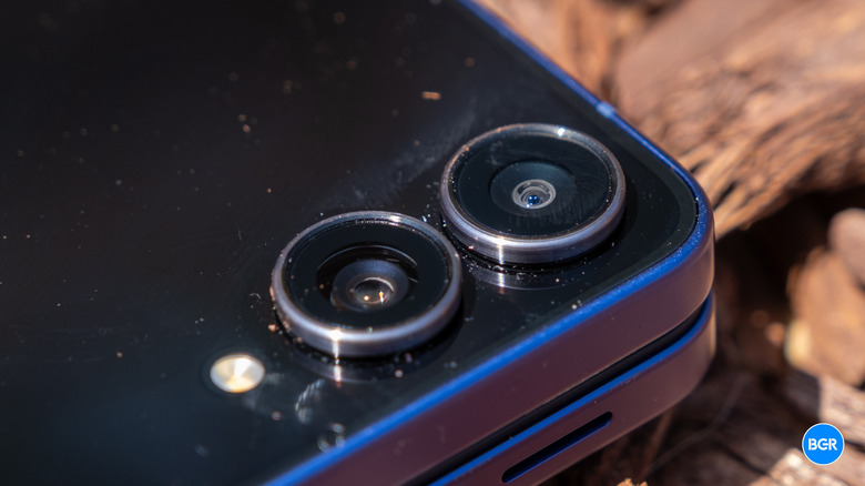 Close-up of the dual camera sensors on the Galaxy Z Flip 7.