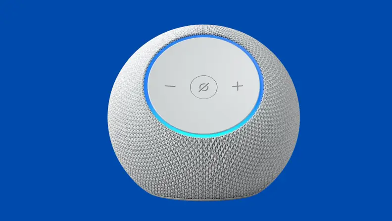 The 2025 model Amazon Echo Dot Max smart speaker against a solid blue background