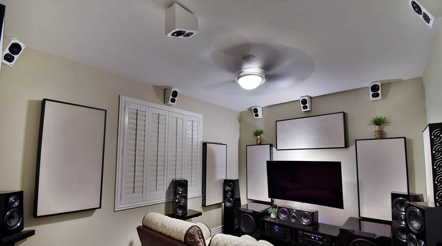 Digital visualization of 3D immersive sound waves surrounding a listener in a room.