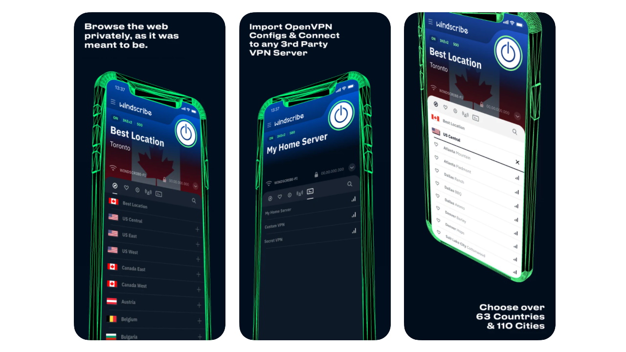 A close-up of an iPhone screen running the Windscribe VPN app with the power button and server list visible.
