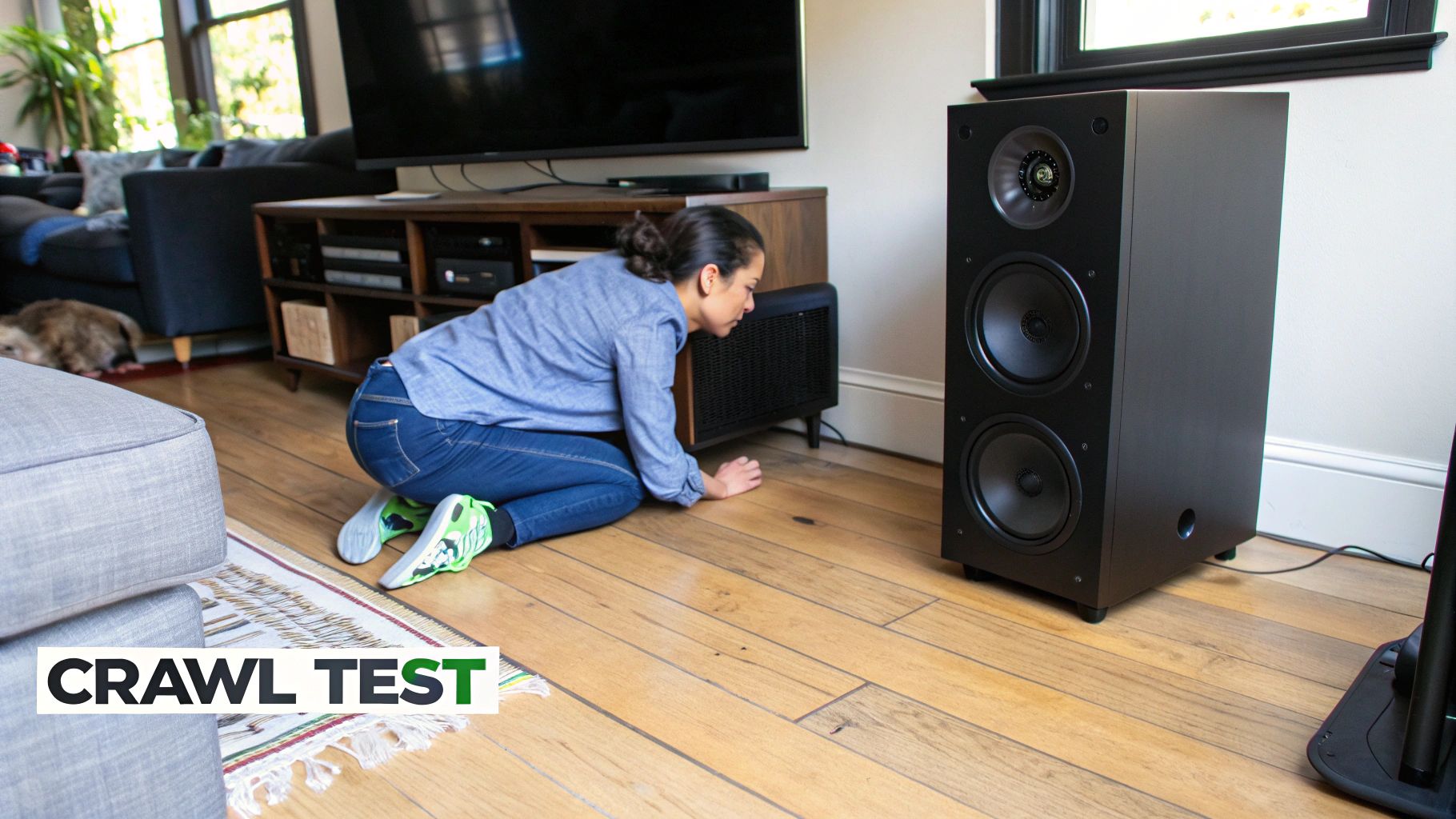 An illustration showing a person crawling near the walls of a room to find the optimal subwoofer position.