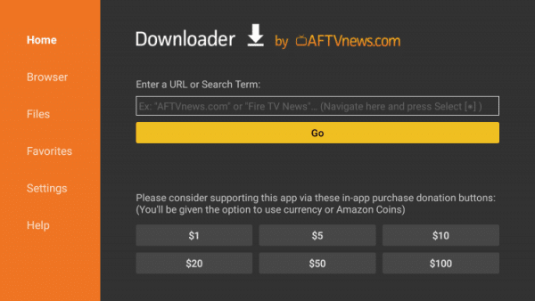 The Downloader app interface on a Firestick with a URL entry bar.