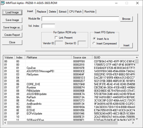 Screenshot of the MMTool software interface being used to modify UEFI BIOS for NVMe support.