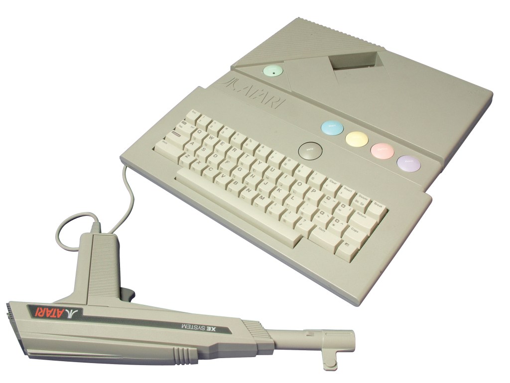 The Atari XEGS console set up with its detachable keyboard and classic joystick.