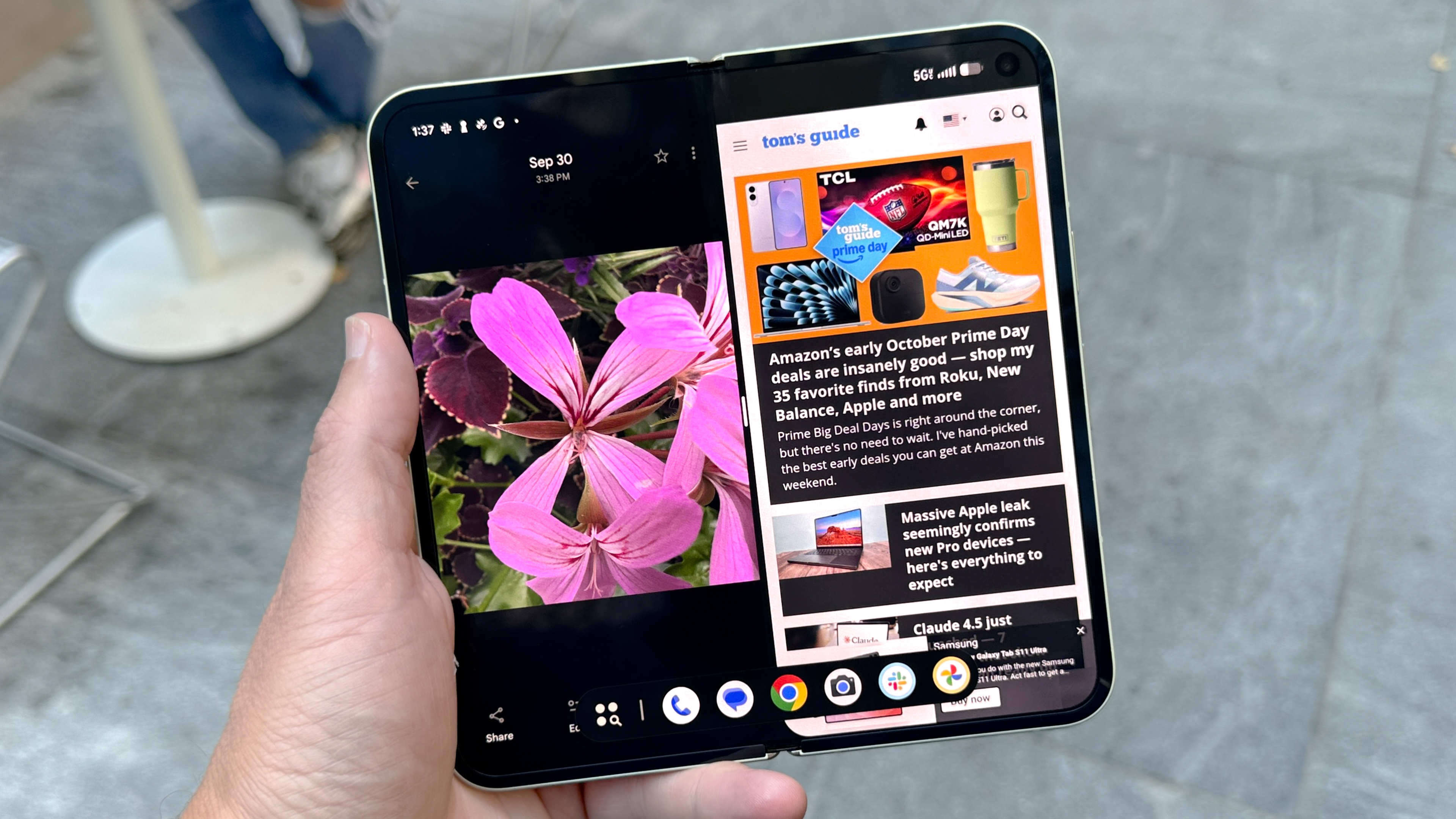 The unfolded Pixel 10 Pro Fold displaying the Android 16 home screen and widgets.