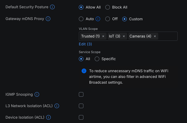 UniFi network settings dashboard showing mDNS and IGMP Snooping toggles enabled.