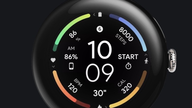 Detailed view of the InfoGraph watch face featuring various health and system data complications.