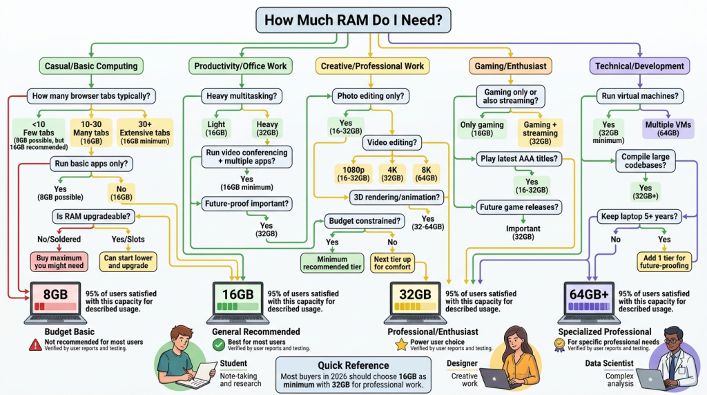A step-by-step decision flow chart helping buyers choose between 8GB, 16GB, and 32GB RAM.