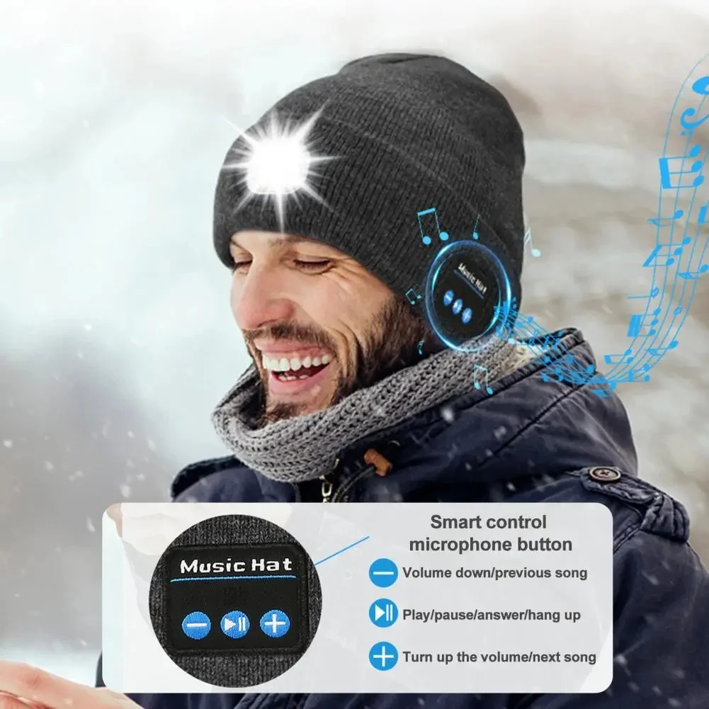 Close-up of the side of the beanie showing the microphone icon and control panel.