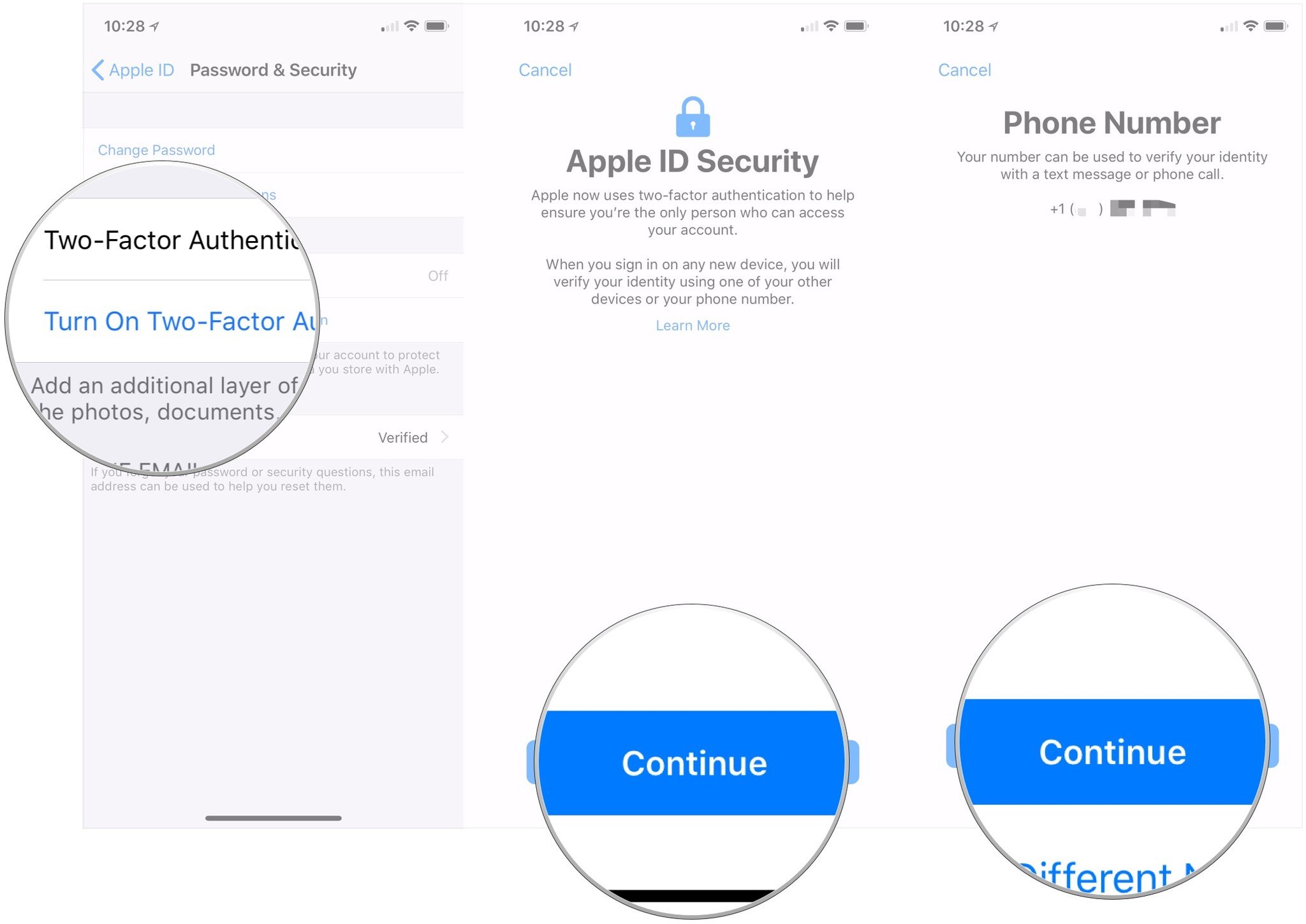 The iOS settings menu showing the toggle for Two-Factor Authentication.