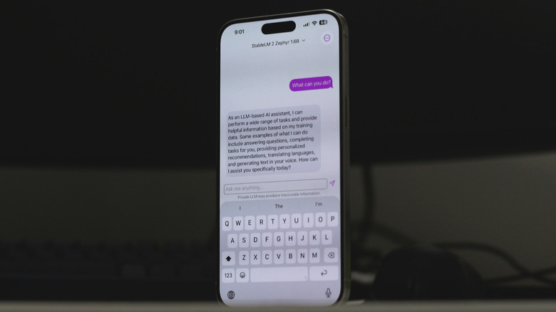 A close-up of an iPhone screen showing an active chat session with an offline AI model.