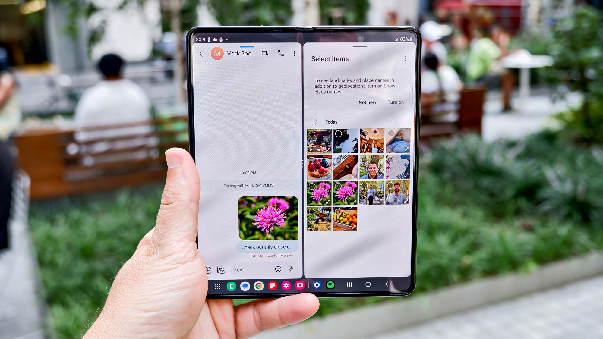 The internal display of the Galaxy Z Fold 5 running multiple application windows simultaneously.