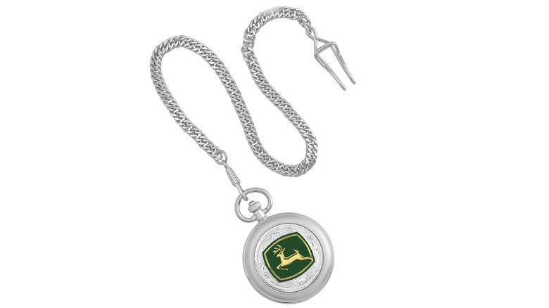Silver-tone embossed John Deere pocket watch.