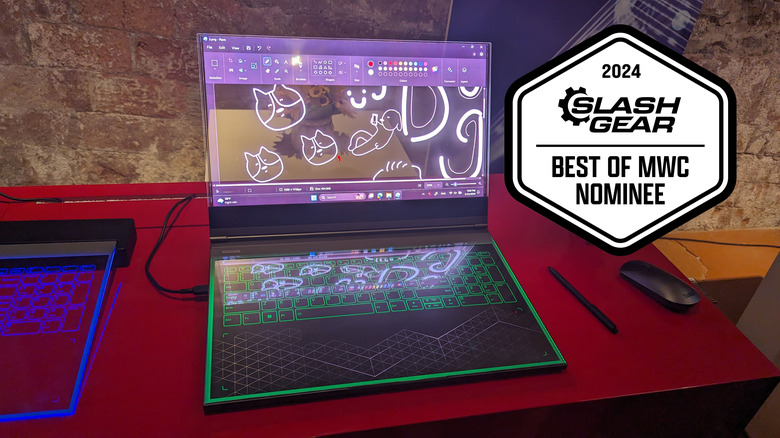 A wide shot of the Lenovo transparent notebook concept on a display table.