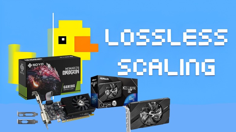 Lossless Scaling software logo positioned next to a GeForce GT 740 and Intel Arc A380 GPU.