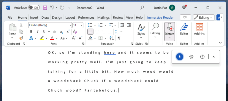 A software screenshot showing a user dictating text directly into a Microsoft Word document.