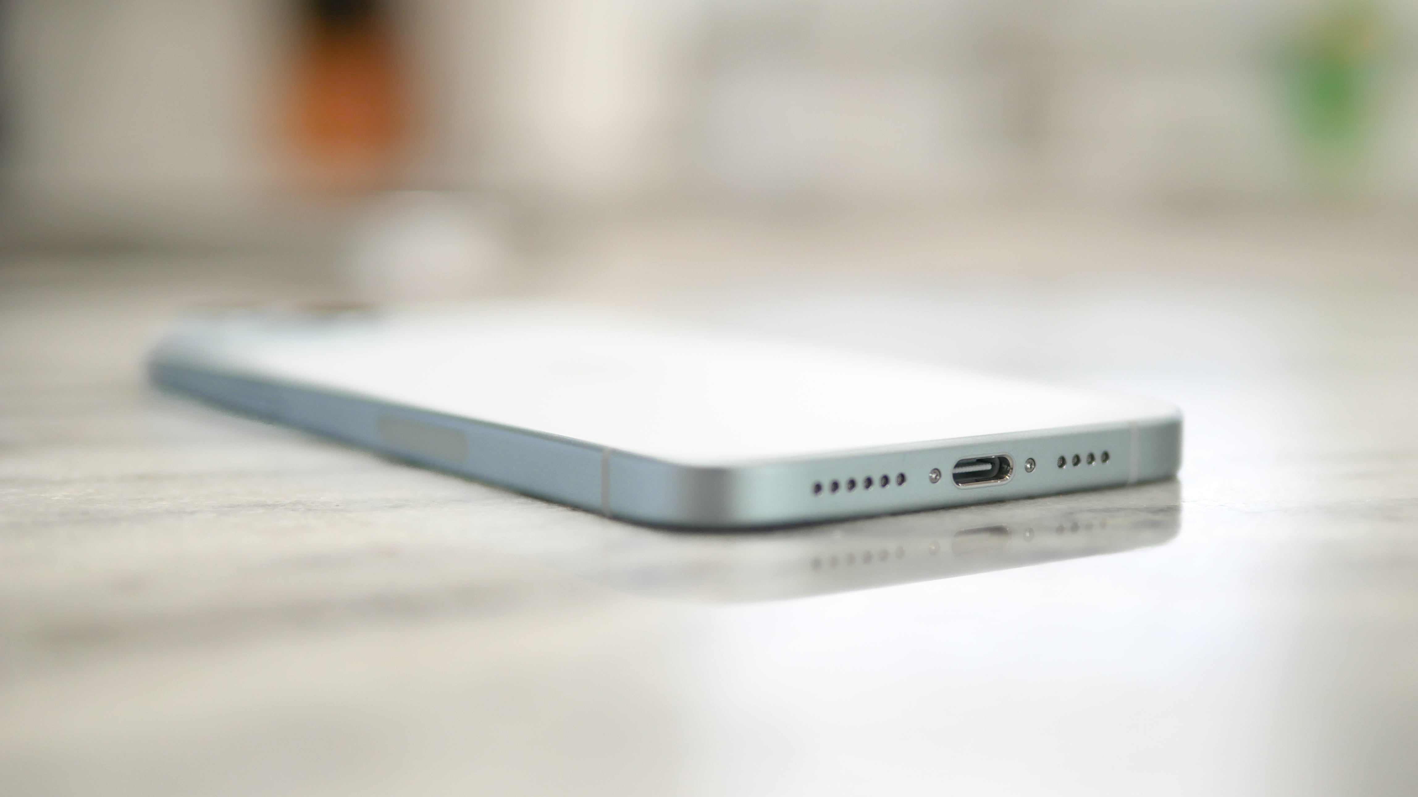 Close-up of the new USB-C port on the bottom of the iPhone 15 Plus