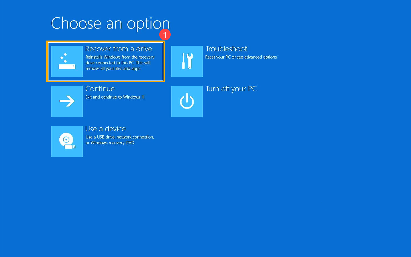 A blue recovery screen showing the 'Recover from a drive' option for reinstalling Windows.