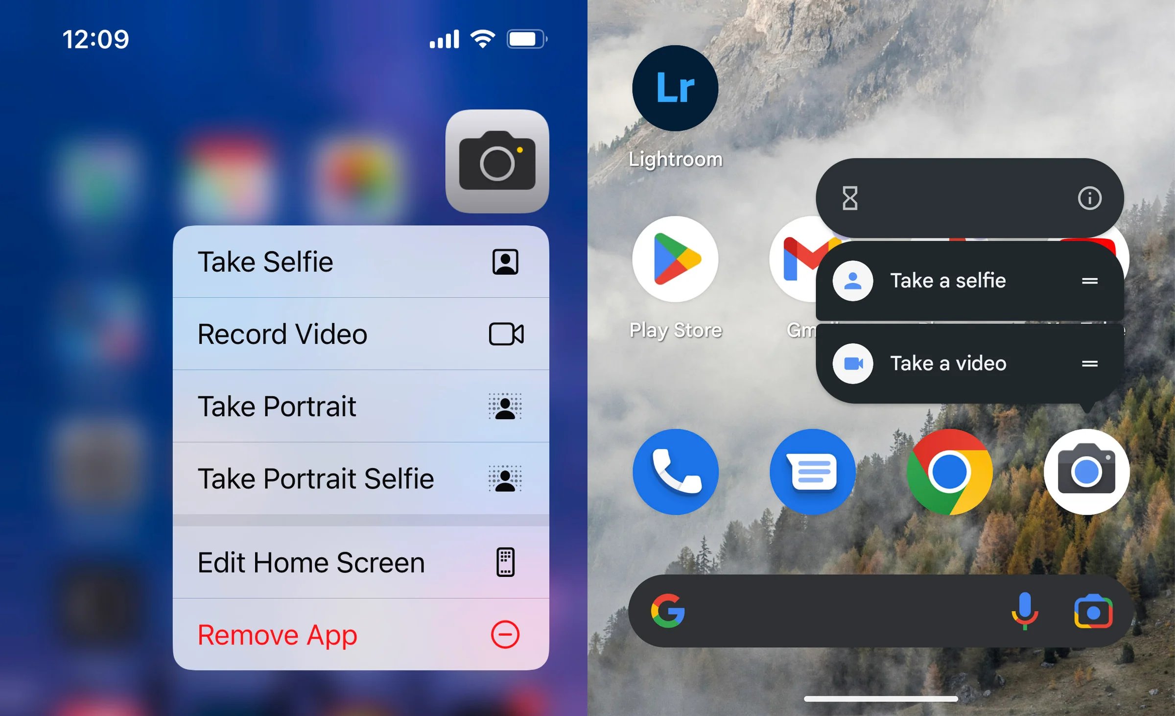 Side-by-side comparison of camera app shortcut menus on different smartphone brands.