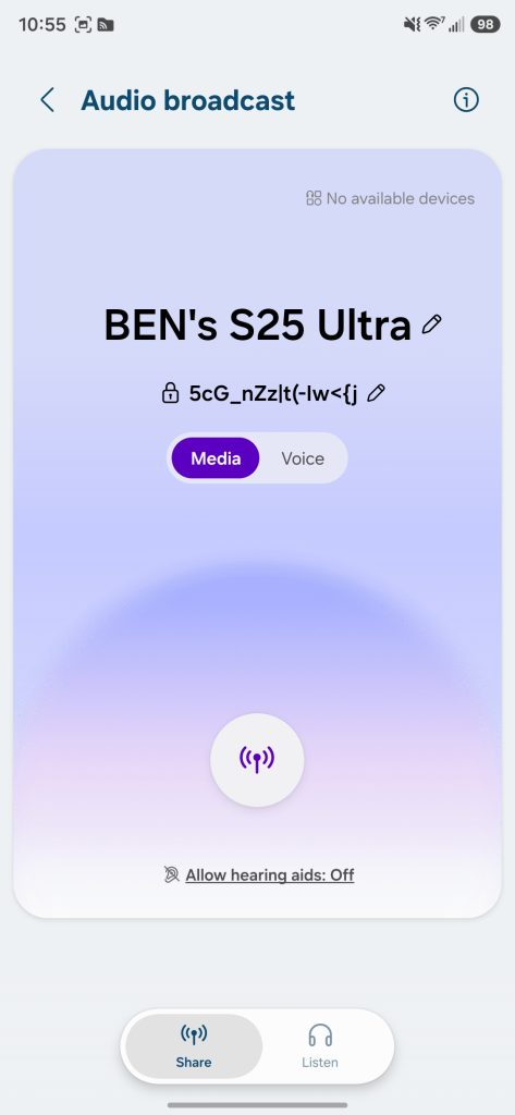 One UI 8.5 audio settings menu showing the Auracast broadcast and voice sharing options.