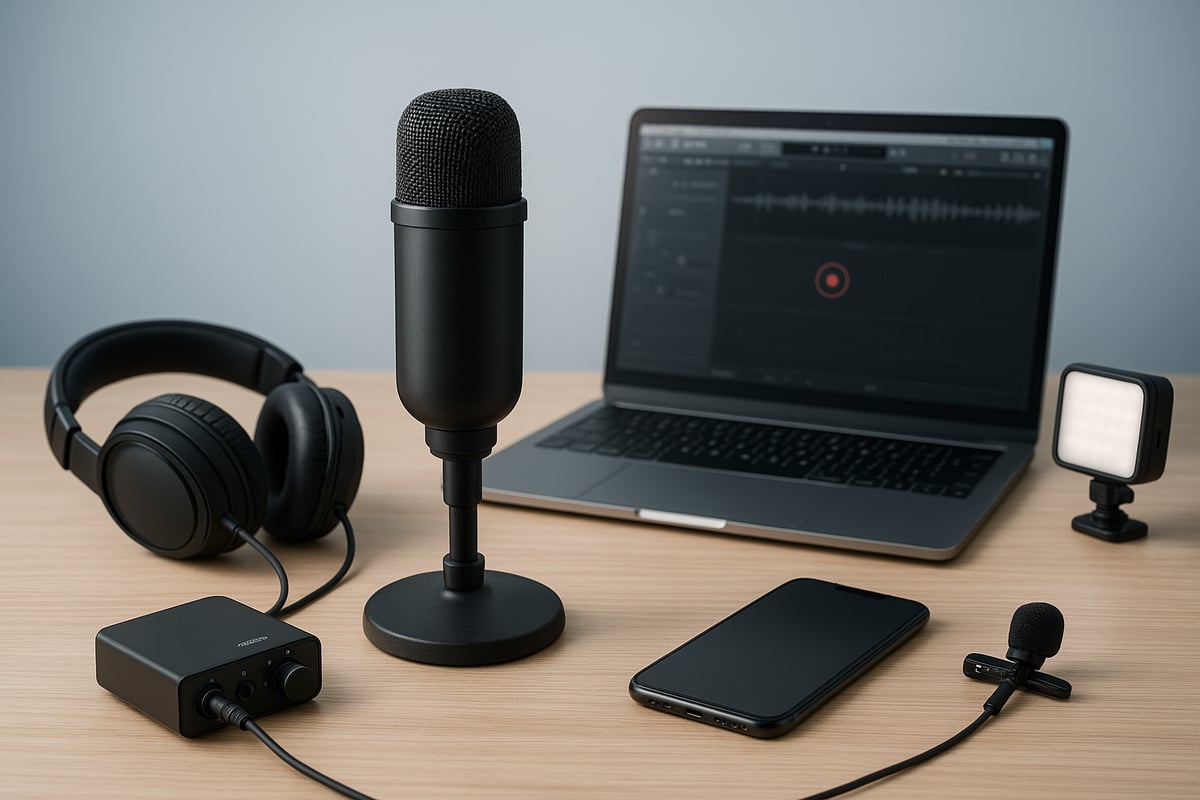 Close-up of a professional podcasting station featuring a boom-mounted microphone.