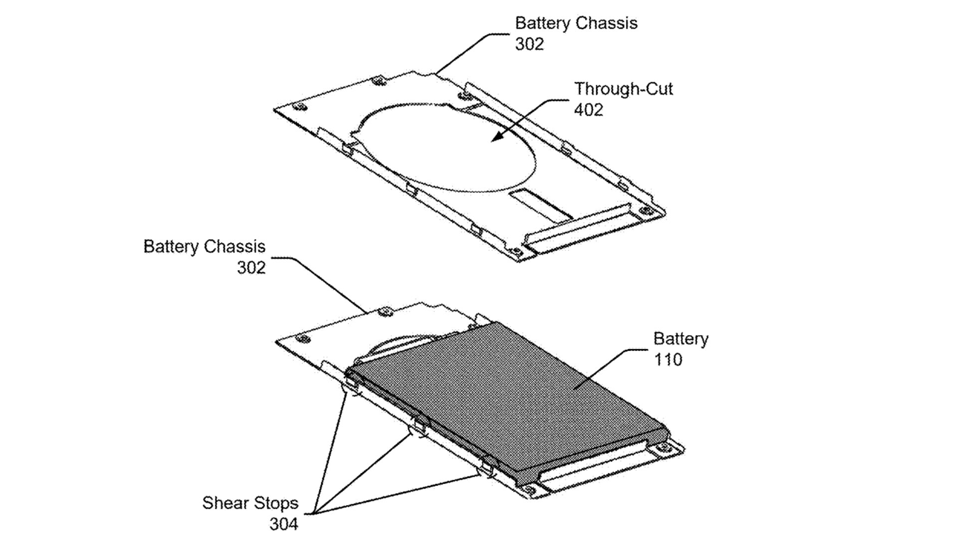 A detailed patent diagram of a mechanical battery chassis for a Google device.