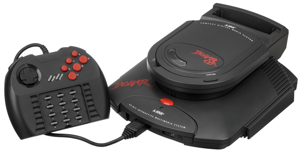 The Atari Jaguar CD add-on, featuring its distinct 'toilet seat' design.