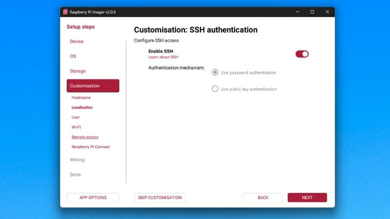 Screenshot of the Raspberry Pi Imager advanced options menu showing SSH and Wi-Fi configuration settings.
